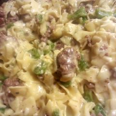 A picture of Philly cheese steak pasta.