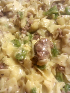 A picture of Philly cheese steak pasta.