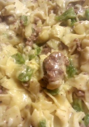A picture of Philly cheese steak pasta.