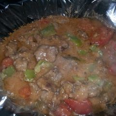 A picture of Pepper steak in a crock pot.