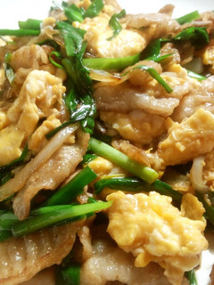 A picture of Pork Belly and Garlic Chives in Japanese-style Scrambled Eggs.