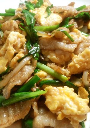 A picture of Pork Belly and Garlic Chives in Japanese-style Scrambled Eggs.