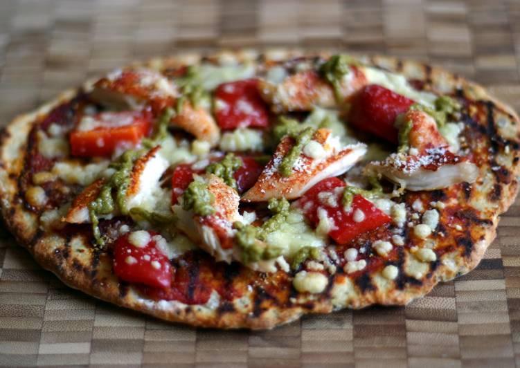 Steps to Make Homemade Sophie&#39;s paprika chicken red pepper and pesto flatbread pizza