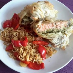 A picture of Sig's Salmon filled filo purse.