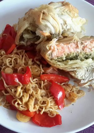 A picture of Sig's Salmon filled filo purse.