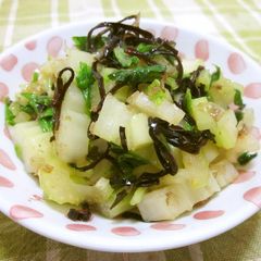 A picture of Stir-Fried Celery with Bonito Flakes and Shio-Kombu.
