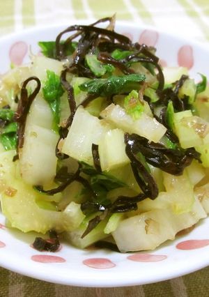 A picture of Stir-Fried Celery with Bonito Flakes and Shio-Kombu.