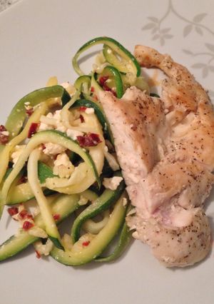 A picture of Sun Dried Tomato & Feta Zucchini Pasta with Chicken.