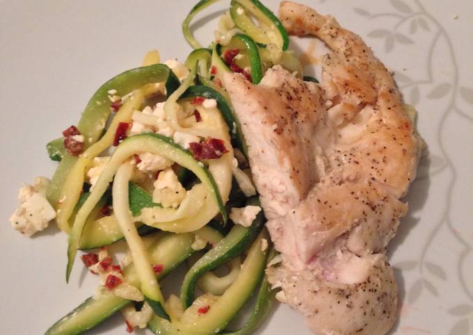 Steps to Prepare Favorite Sun Dried Tomato &amp; Feta Zucchini Pasta with Chicken