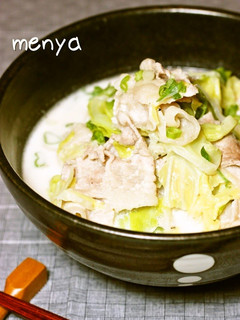 A picture of Pork and Cabbage Udon in a Creamy Miso and Milk Broth.