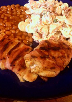 A picture of grilled bancon wrap chicken.