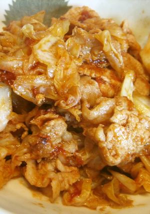 A picture of Stir Fried Cabbage and Pork with Tomato Sauce.