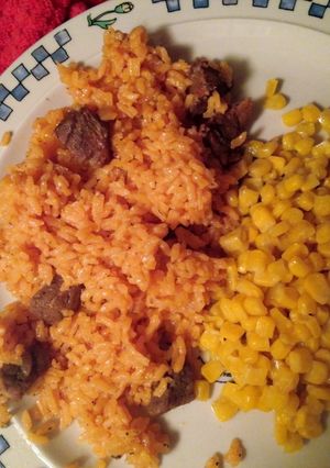 A picture of Spanish Rice and Beef.