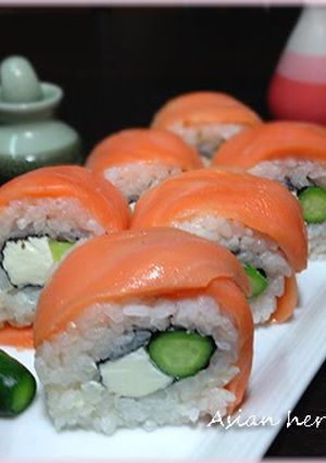 A picture of Avocado Salmon Philadelphia Rolls.