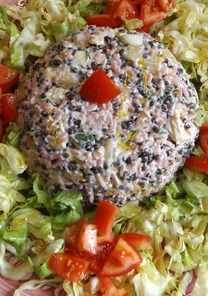 Una foto de Fuente de arroz rosa y lentejas caviar con ensalada