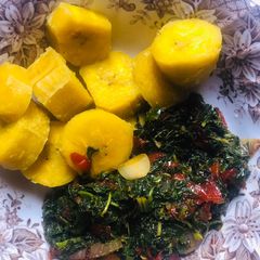 A picture of Unripe plaintain and spinach vegetables sauce.