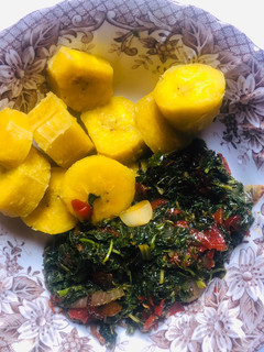 A picture of Unripe plaintain and spinach vegetables sauce.