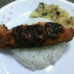 A picture of LG BAKED SALMONWITH SPICY SAUCE.