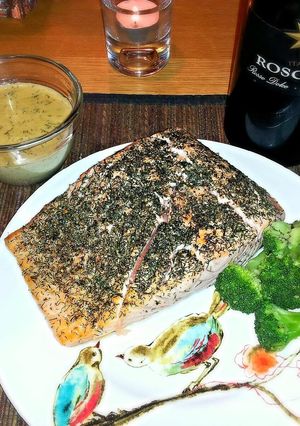 A picture of Dill Seared Salmon Fillet w Wasabi Cream Sauce.