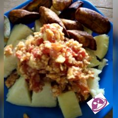 Boiled yam with plantain and egg sauce A picture of Boiled yam with plantain and egg sauce.