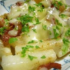 A picture of Japanese Yams and Crispy Bacon Baked with Cheese.