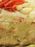 Trucha con salsa de finas hierbas, papa y zanahoria caramelizada