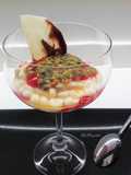 Crema di ricotta e marmellata di arance, con salsa di lamponi e frutto della passione