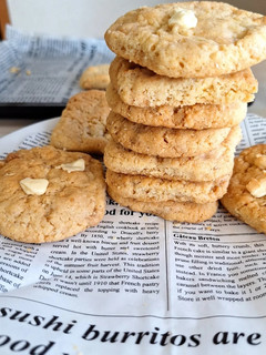 A picture of Oat coconut and white chocolate chunk cookies.