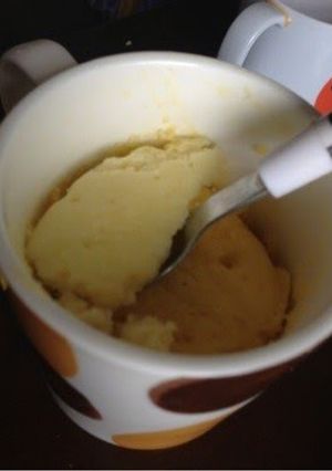 A picture of Egg-free Cake in a Mug Made with Pancake Mix.