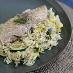 Pan Seared Turbot with Summer Squash and Orzo A picture of Pan Seared Turbot with Summer Squash and Orzo.