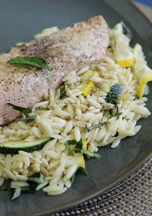 A picture of Pan Seared Turbot with Summer Squash and Orzo.