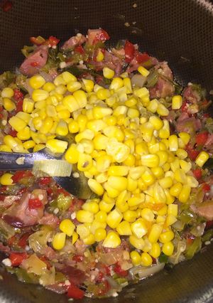 A picture of Boiled Vegetables... Corn, Leek, and Bacon Pie.