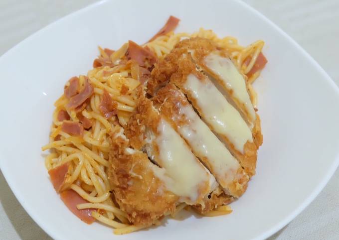 Spaghetti Chicken Katsu Mozzarella foto resep utama