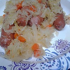 A picture of Sautéed Hotdogs and Carrots in Sauerkraut.