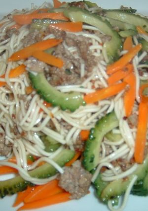 A picture of Goya Champuruu - Okinawan Bitter Melon Stir-Fry with Somen Noodles.