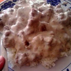 A picture of cream of mushroom with beef.
