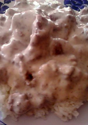 A picture of cream of mushroom with beef.