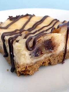 A picture of chocolate chip cookie cheesecake bars.
