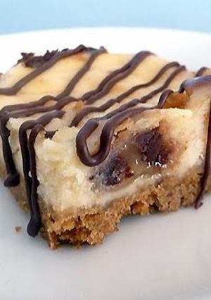 A picture of chocolate chip cookie cheesecake bars.