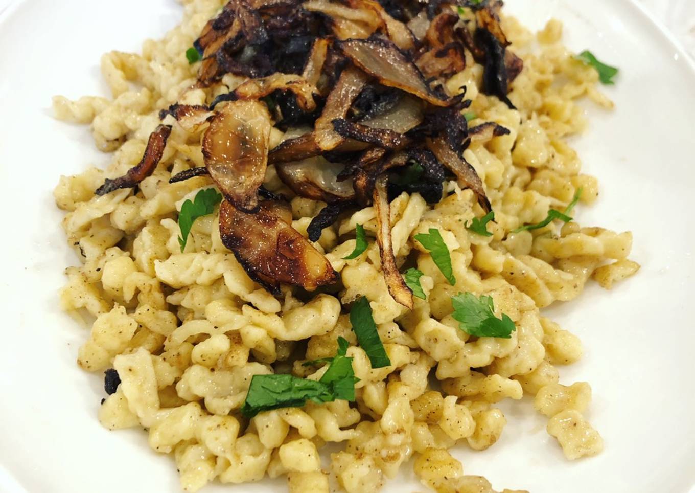Spaetzle with Butter, Fried Onion, and Gruyere Cheese