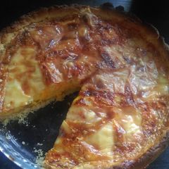 A picture of Mandys cheese tomato and onion quiche.