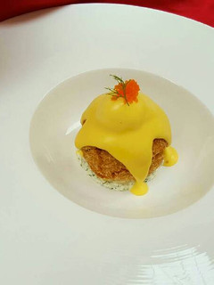 A picture of Shrimp Ball, poach egg with hollandaise sauce.