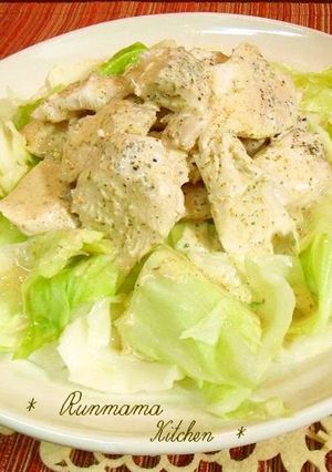 A picture of Healthy Sake-steamed Chicken Tenders with Cabbage.