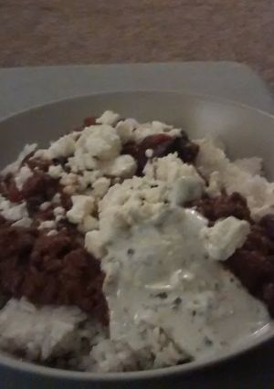 A picture of Leftovers chilli and mint yogurt.