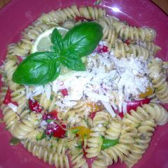 A picture of Sig's fusilli with zucchini and mixed peppers.