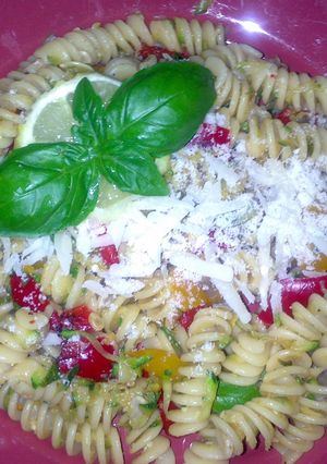 A picture of Sig's fusilli with zucchini and mixed peppers.