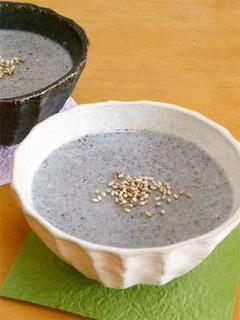 A picture of Black Sesame Pudding with Tofu and Soy Milk.