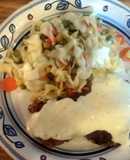 chicken fried steak with gravy and egg noodles