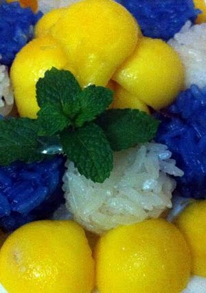 A picture of Mango or Durian with Sticky Rice.