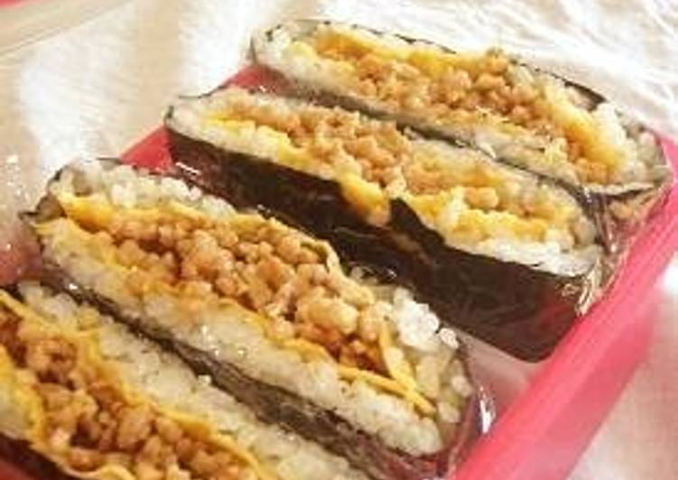 Chicken Soboro and Egg Onigiri Sandwich